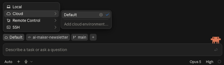 Claude Code interface with Cloud selected and the default cloud environment ready