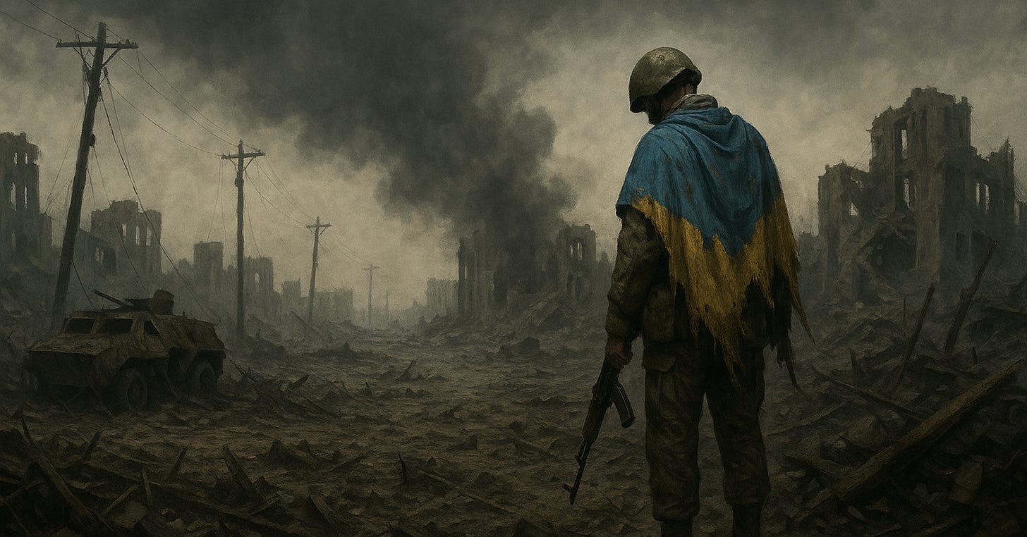 A lone Ukrainian soldier draped in a torn, scorched national flag stands amid a desolate, war-torn cityscape, surrounded by ruins of bombed buildings, shattered power lines, and burned-out military vehicles under a dark, smoke-filled sky—capturing the emotional weight and devastation of the ongoing Russia-Ukraine war.