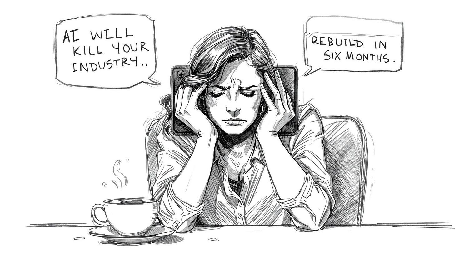 Cafe scene with phone screaming conflicting career panic warnings