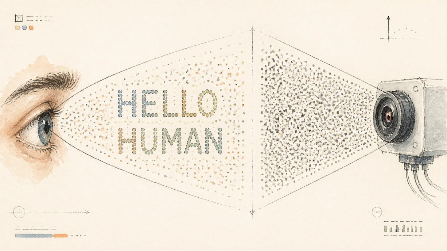 The same field of drifting dots spelling HELLO HUMAN — a human eye reads the words clearly while an AI camera lens sees only random TV static. The same field of drifting dots spelling HELLO HUMAN — a human eye reads the words clearly while an AI camera lens sees only random TV static.