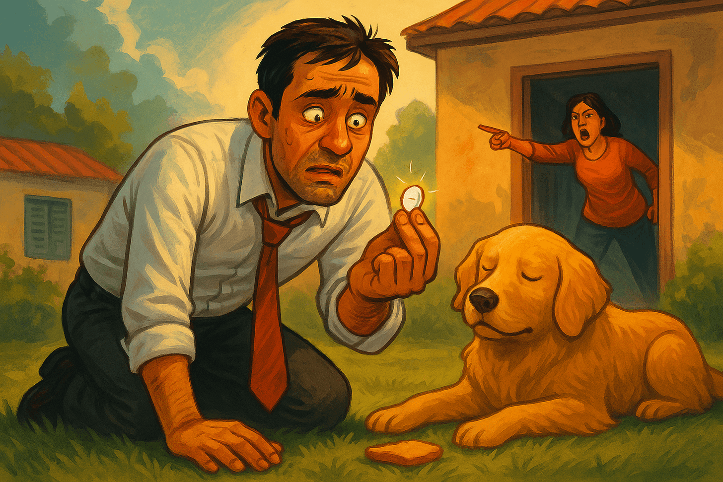 -Illustration of a tired man clutching a pill in one hand while a lazy dog watches him from the yard; sunlight glows, chaos brews in the background. -Illustration of a tired man clutching a pill in one hand while a lazy dog watches him from the yard; sunlight glows, chaos brews in the background.