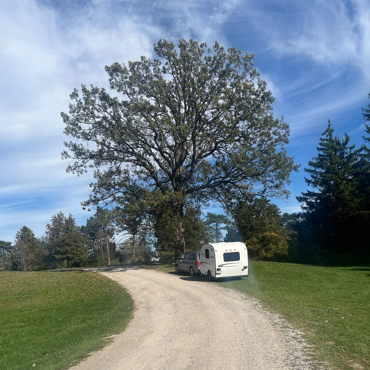 Our grey mini van parked under a beatiful tree in a green park. Behind our van is our little white tow trailer camper.