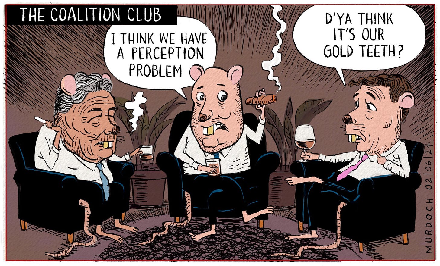 Cartoon of the Coalition leaders as wealthy rats worried about their perception. Cartoon of the Coalition leaders as wealthy rats worried about their perception.