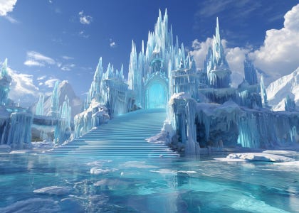 A large castle made of ice on a frozen pond