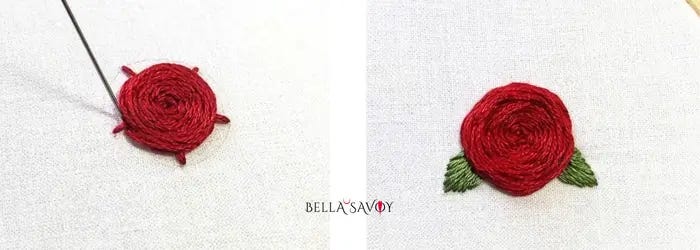 needle coming up at the end of a woven wheel (left). Finished rose with leaves embroidery design (right)