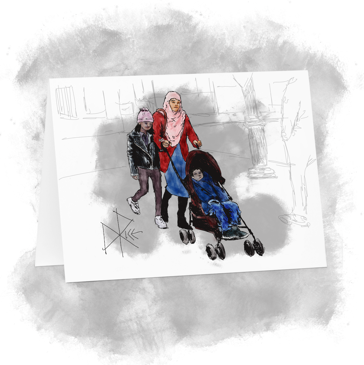 A woman and teen girl walk along the sidewalk, arm-in-arm. The woman is wearing a hijab and pushing a young boy in a stroller. The girl is wearing a wool cap and leather jacket. Sketch art by Don Rice. A woman and teen girl walk along the sidewalk, arm-in-arm. The woman is wearing a hijab and pushing a young boy in a stroller. The girl is wearing a wool cap and leather jacket. Sketch art by Don Rice.