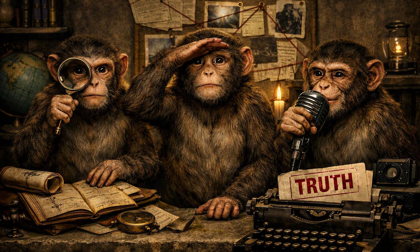 Three chimpanzees in a dim, vintage-style investigative newsroom: one holds a magnifying glass, one shades its eyes while studying a wall of pinned notes and red-string connections, and one speaks into an old microphone. A typewriter in the foreground displays a paper stamped “TRUTH,” surrounded by maps, books, a globe, a candle, and a camera.