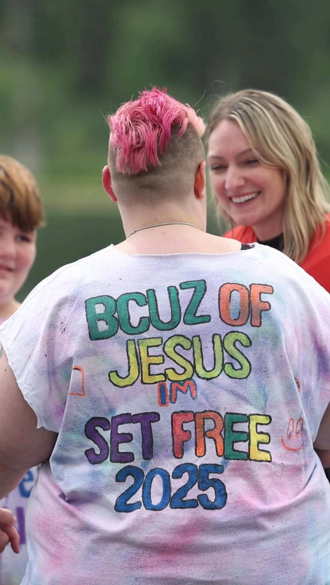 May be an image of 1 person, smiling and text that says 'BCUZ OF JESUS SET SETFREE FREE 2025'