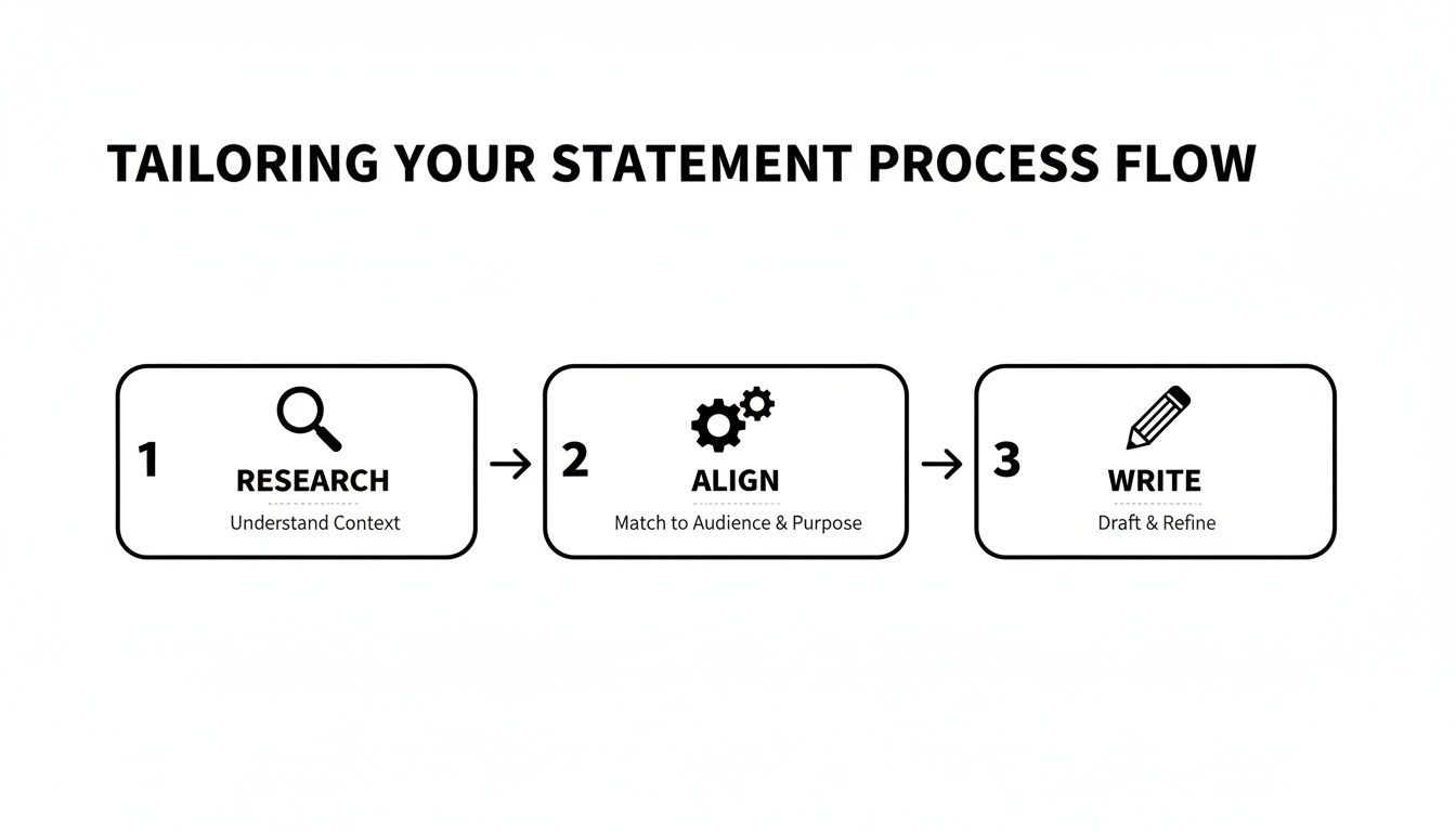 A process flow diagram with three steps: Research, Align, and Write, for tailoring a statement. A process flow diagram with three steps: Research, Align, and Write, for tailoring a statement.