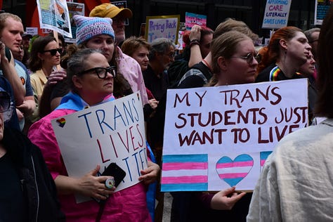 Pictures of the crowd with various trans signs saying: Trans Joy is Resistance, Unite + Fight for Trans Liberation!, Trans Rights = Human Rights, Support Trans Rights or Go F Yourself, My Trans Students Want To Live, Be you, be free, be equal, Protect Trans Rights and Lives, Trans two-spirit people are here, have been here, and will always be here, and a trans flag waving above the crowd.