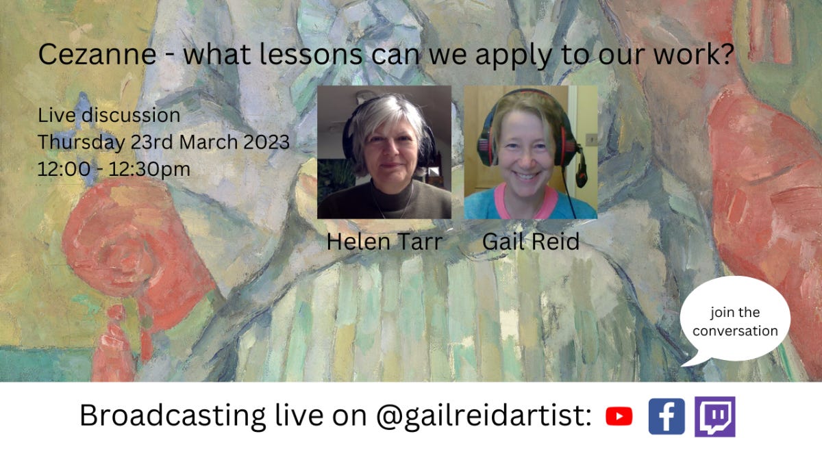 Helen Tarr and Gail Reid smiling with headphones on, against the backdrop of a Cezanne painting