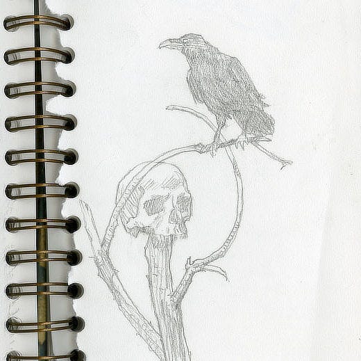 LEFT: Detail from UNWINDING featuring a boy seated at the bottom of a concrete spiral covered in moss. He sits with one knee up braced by his hands wrapping around it.  RIGHT: Pencil sketch of a skull sitting atop the broken trunk of a thin tree. A raven perches on a thin branch crossing in front of the skull.