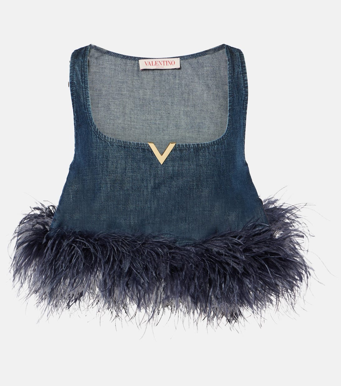 VGold feather-trimmed denim bra top | Valentino