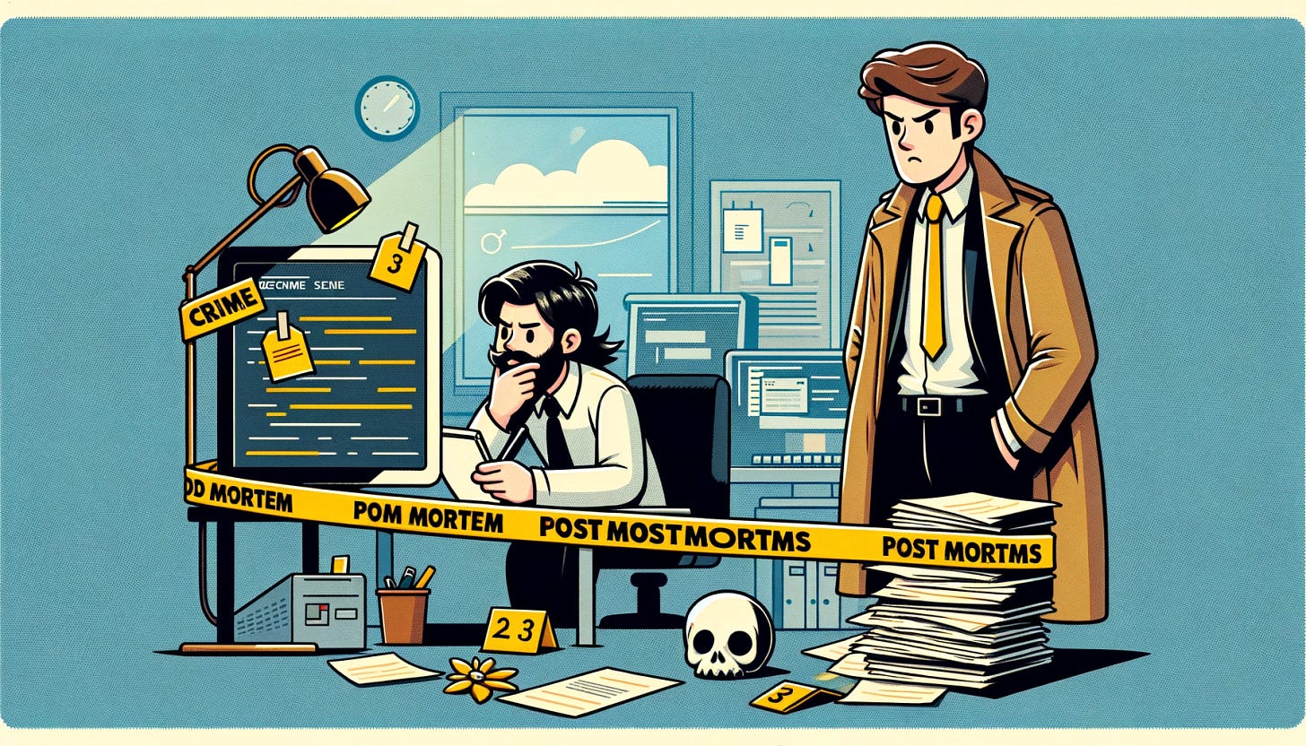 A simple comic illustration in a 16:9 aspect ratio depicting an allegory on post mortems. The comic shows a detective theme, with a character styled as a detective looking at a 'crime scene' where a computer and a pile of papers are marked with yellow tape. The detective is taking notes, symbolizing the analysis of what went wrong. Another character, resembling a developer, looks on anxiously, representing the involvement and concern of those impacted by the issues being investigated. The setting is an office, with computers and technical equipment in the background, emphasizing the tech environment.