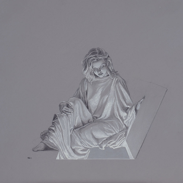 LEFT: Detail from LUMEN 6.2 featuring a woman in white robes peering down through an opening in a dark concrete tunnel. She is bathed in light as she comfortably rests her foot on a plank set across the corner of the opening. RIGHT: Figure study in black and white on gray toned paper for LUMEN 6.2. The drawing features a woman in white robes holding open a hatch in the floor. The cloth of her robes spills into the opening. Notably, the position of the hatch is on the right, inverted from the pose in the final painting.