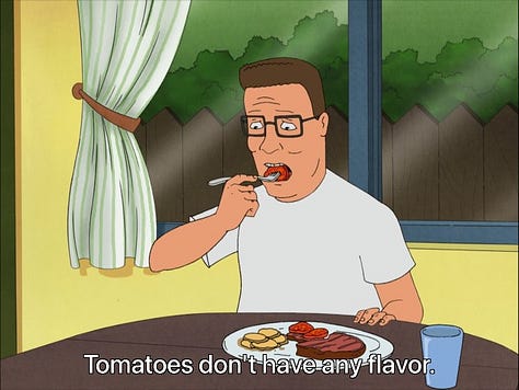 Images of Hank and Peggy from King of the Hill eating a steak dinner