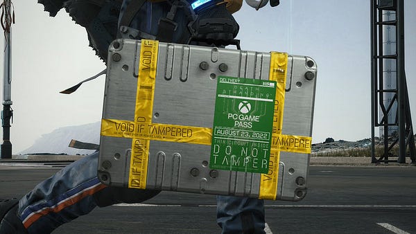 Sam Porter Bridges carrying a special case. Text reads: "DELIVERY | DEATH STRANDING | PC GAME PASS | AUGUST 23, 2022 | DO NOT TAMPER"