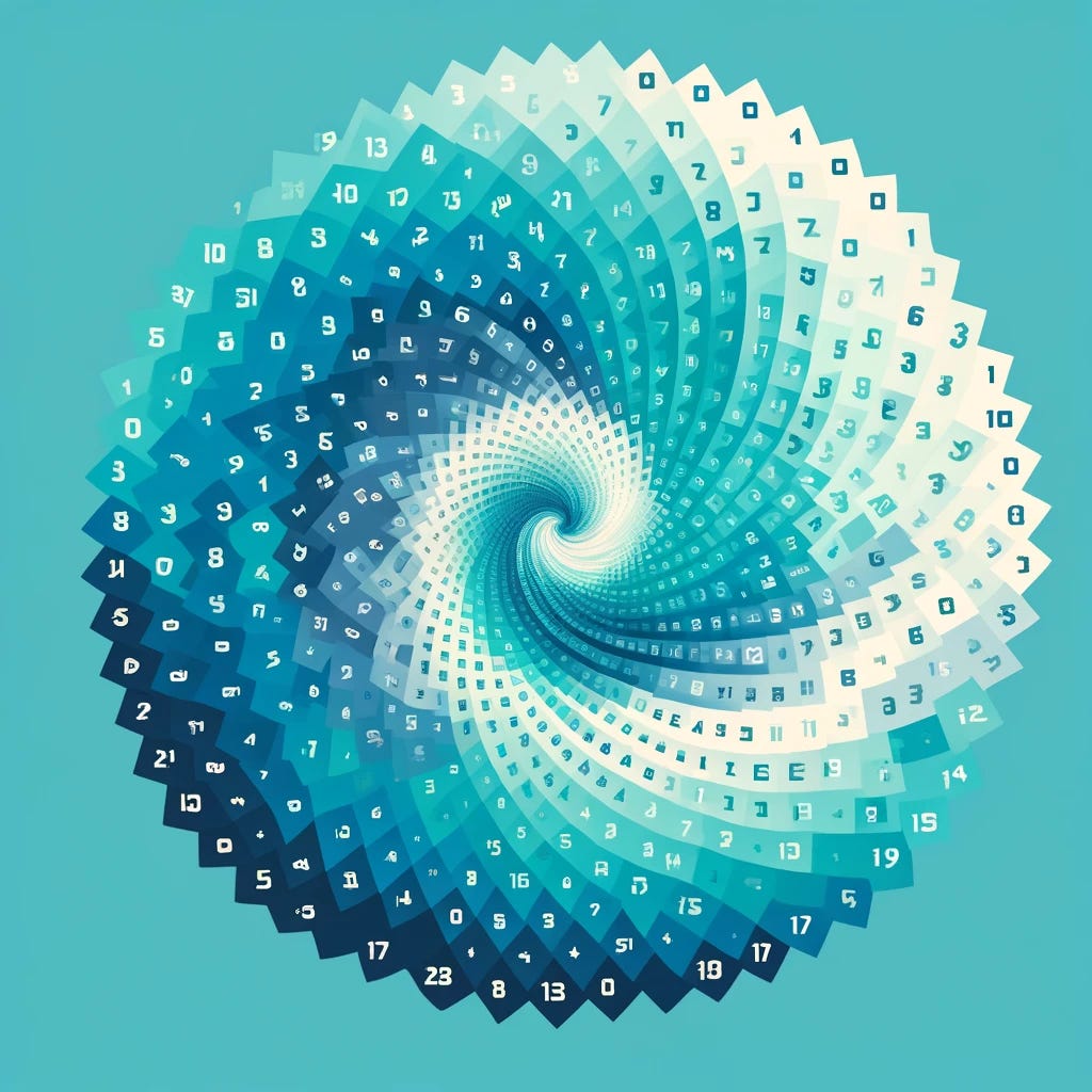 Create an Ulam spiral where non-prime numbers are represented in shades of turquoise, blues, and dark blues, gradually transitioning from light to dark for larger numbers. Prime numbers should be represented in white. The Ulam spiral should start at the center and expand outwards in a square spiral pattern. The colors should use this palette: light turquoise HEX #30E9D6, turquoise HEX #22A6B6, medium blue HEX #136296, and dark blue HEX #022D49.