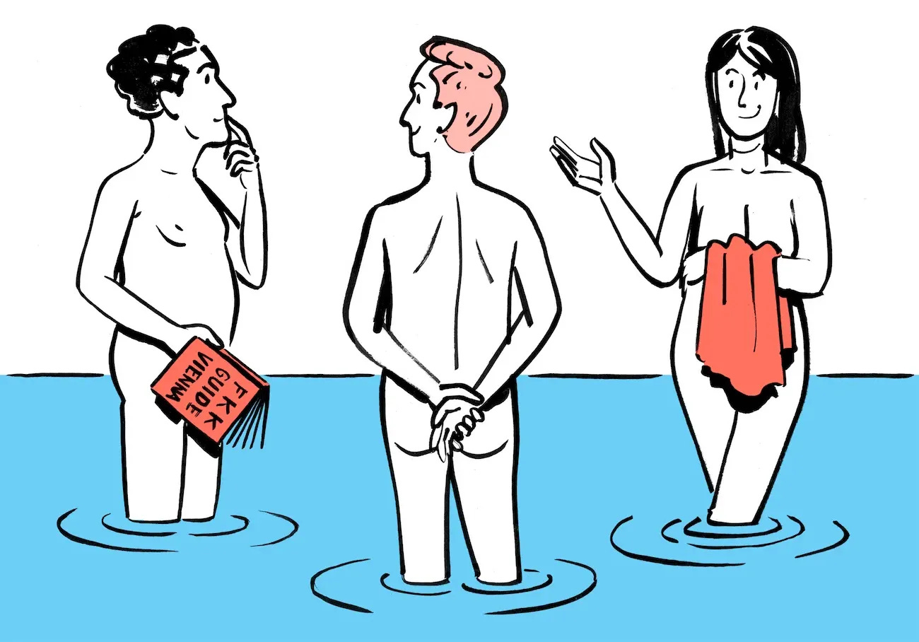 Cartoon illustration of three nude people standing in shallow water, one holding a book titled “FKK Guide Vienna” and another holding a red towel.