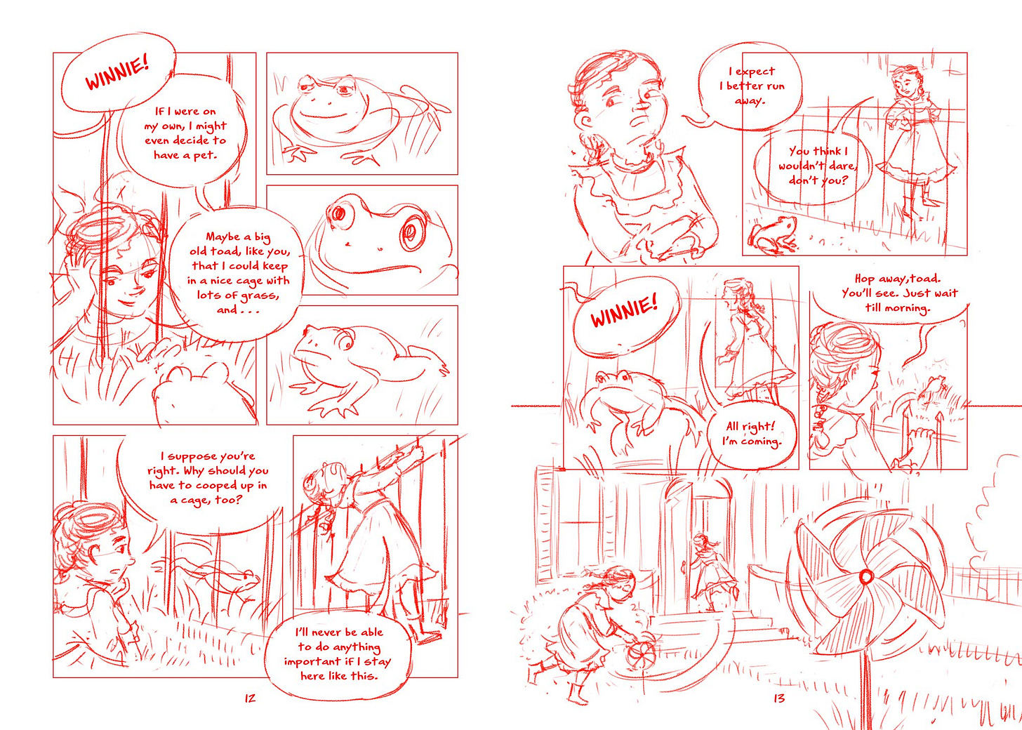 Red and white pencils of graphic novelist K. Woodman-Maynard's adaptation of Tuck Everlasting. 