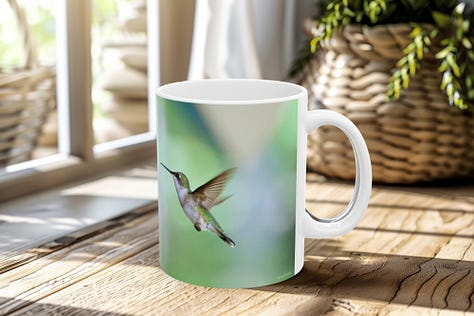 A gallery of three images shows custom-print products from the Sydney Michalski print gallery on Pixels.com, featuring the Split Second hovering hummingbird image in wall art, on a coffee mug, and on a spiral notebook.