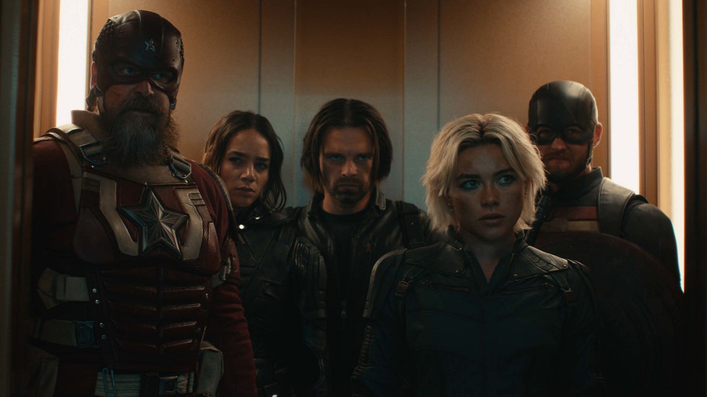 Thunderbolts* together in a lift. Thunderbolts* together in a lift.