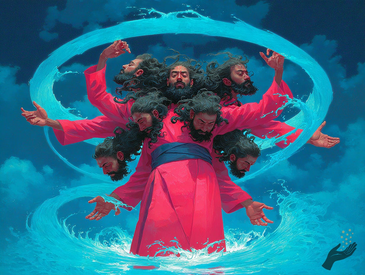 A figure in a bright pink robe stands in blue water with multiple repeated heads and arms extending outward, while a large pale blue arc of water curves behind and around the figure.