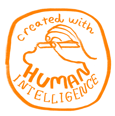 orange circle. inside is a hand holding a pencil that says created with human intelligence. 