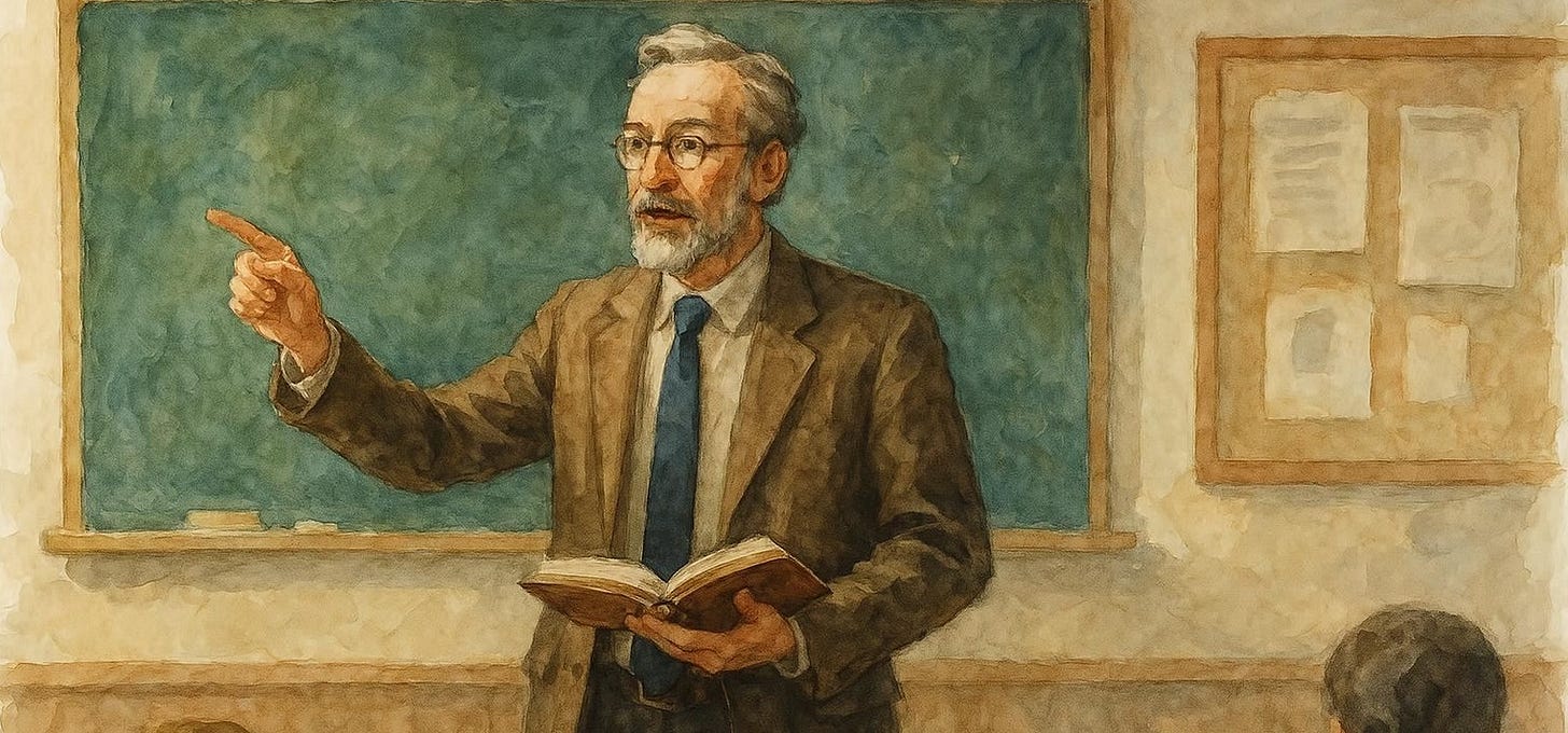 An older male teacher standing in front of a classroom, teaching students.