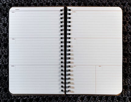 The interior of a Field Notes planner. White pages with the pages sectioned off into daily portions. The interior of a Field Notes planner. White pages with the pages sectioned off into daily portions.