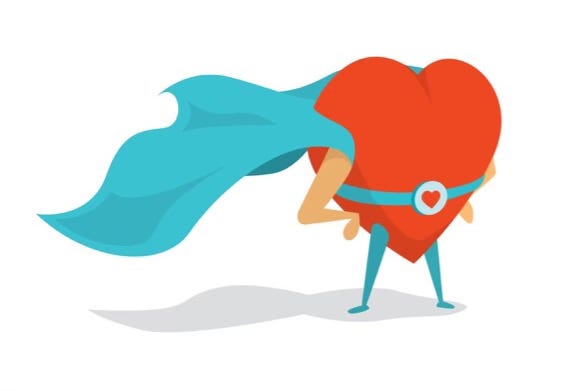 A giant red heart shape, arms akimbo with a cape ruffled by the wind