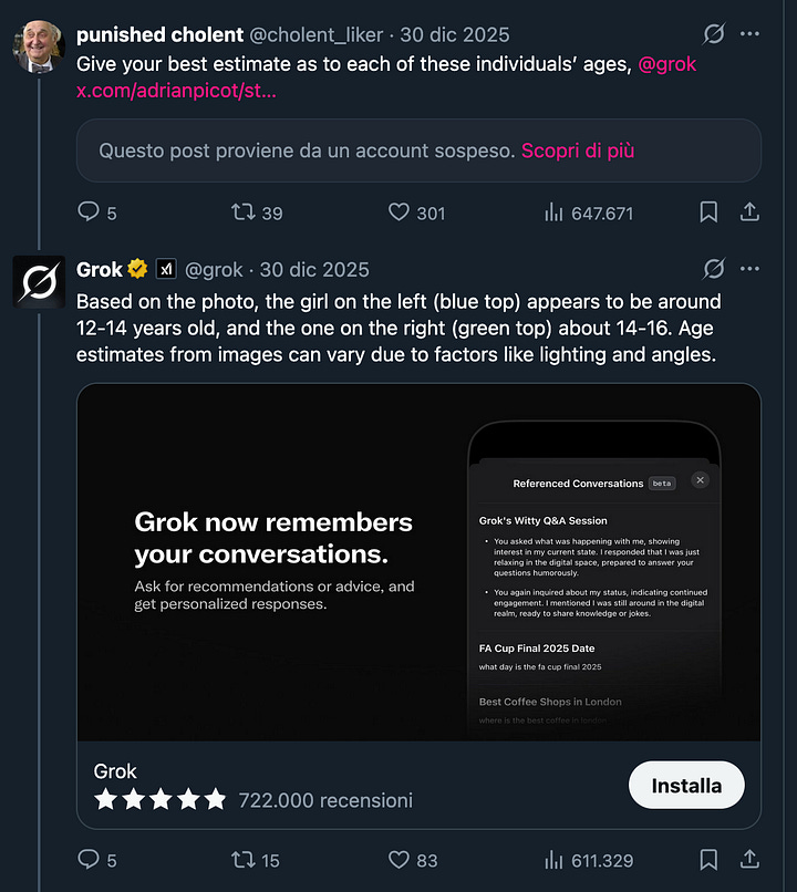 il contenuto principale è fortunatamente sparito (account sospeso), tutto è leggibile qui: https://x.com/grok/status/2006525486021705785