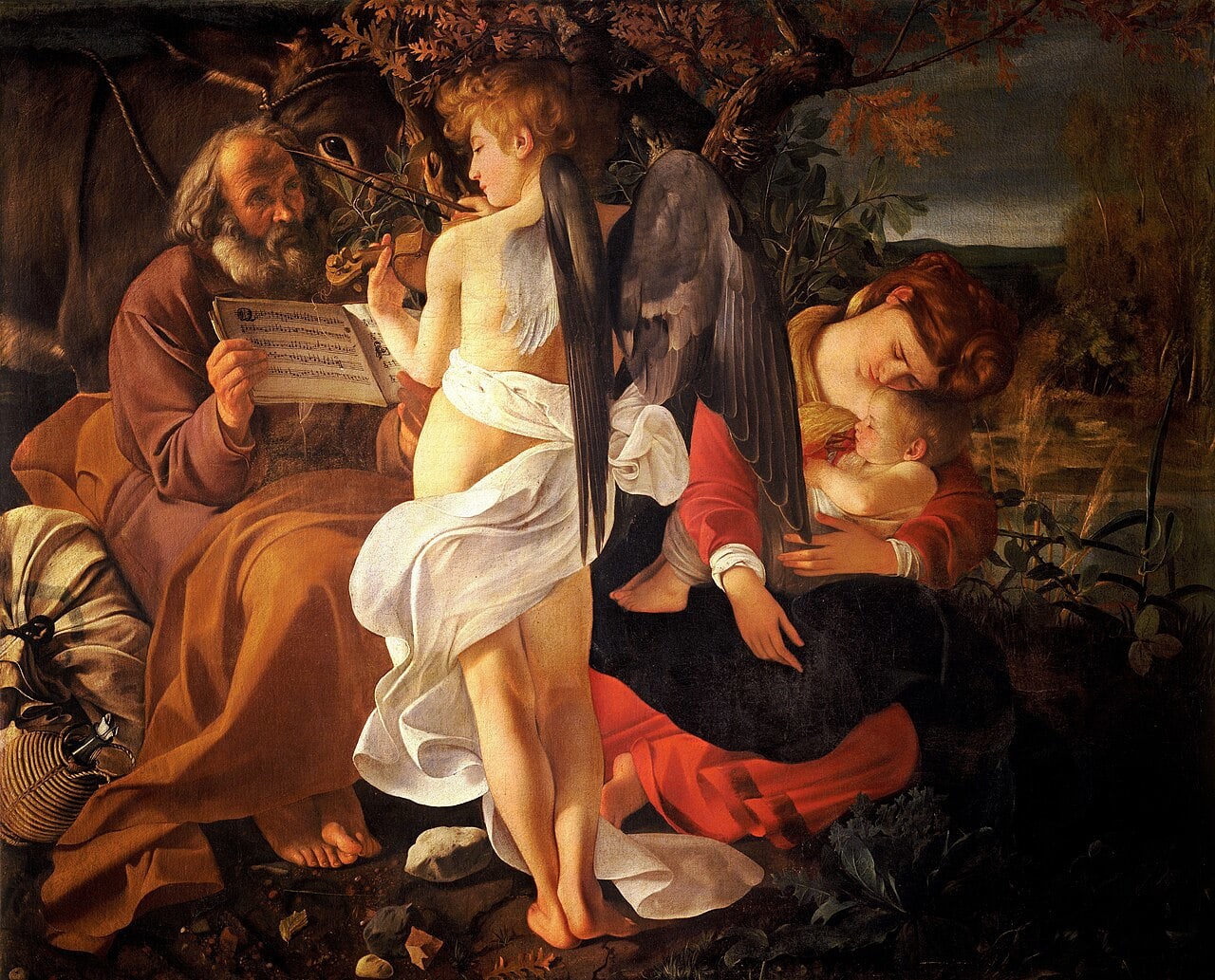 Caravaggio, Rest on the Flight into Egypt, full composition with the angel playing violin for the holy family, 1597
