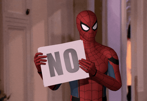 Spiderman uses flashcards to say no.