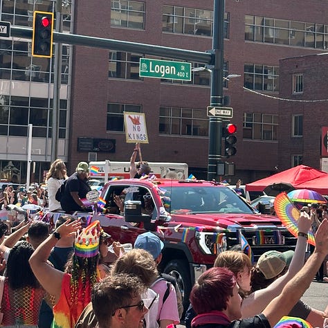 8 photos of a Pride parade. One photo of the Colorado Supreme Court Building with text reading "Liberty and Justice for All"