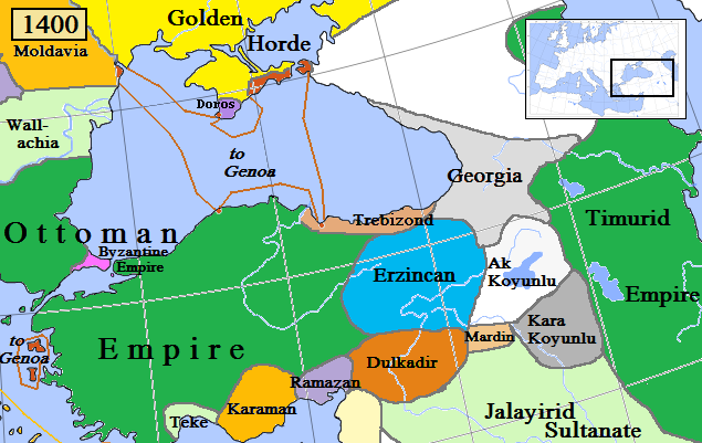 Anatolia in 1400, taken from https://en.wikipedia.org/wiki/Empire_of_Trebizond#/media/File:Trebizond1400.png