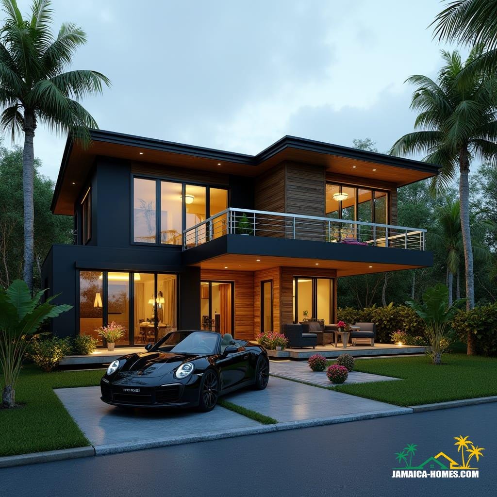  A stylish, affordable single-level modern Jamaican home in the Caribbean, blending tropical modernism with subtle barn-inspired elements. Features flat and sloped roof sections, simple geometric forms, and a functional layout with black-painted concrete, cement, brick, and natural wood exteriors accented with vibrant Jamaican green, yellow, and black trims. Large windows and sliding glass doors create open, airy spaces, maximizing natural light. Surrounded by modest tropical landscaping, a small patio, a driveway with a sleek black convertible, and bathed in atmospheric cinematic lighting. Buildable, practical, cozy, and unmistakably Caribbean. Ultra-realistic rendering, 8K resolution, cinematic film still, shot on v-raptor XL, film grain, vignette, color graded, post-processed, 35mm film, live-action, best quality, a masterpiece, epic, stunning, dramatic.