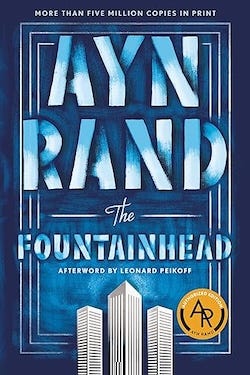 Book cover of 'The Fountainhead' by Ayn Rand featuring bold text and a city skyline design.