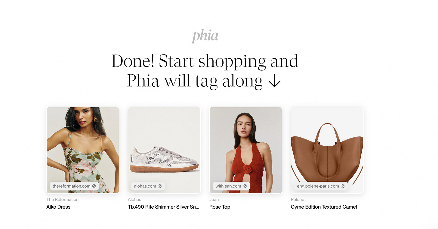 Homepage graphic from Phia’s website with the text “Done! Start shopping and Phia will tag along” above a row of product listings from The Reformation, Alohas, With Jean, and Polène, showcasing how Phia surfaces fashion across multiple retailers.