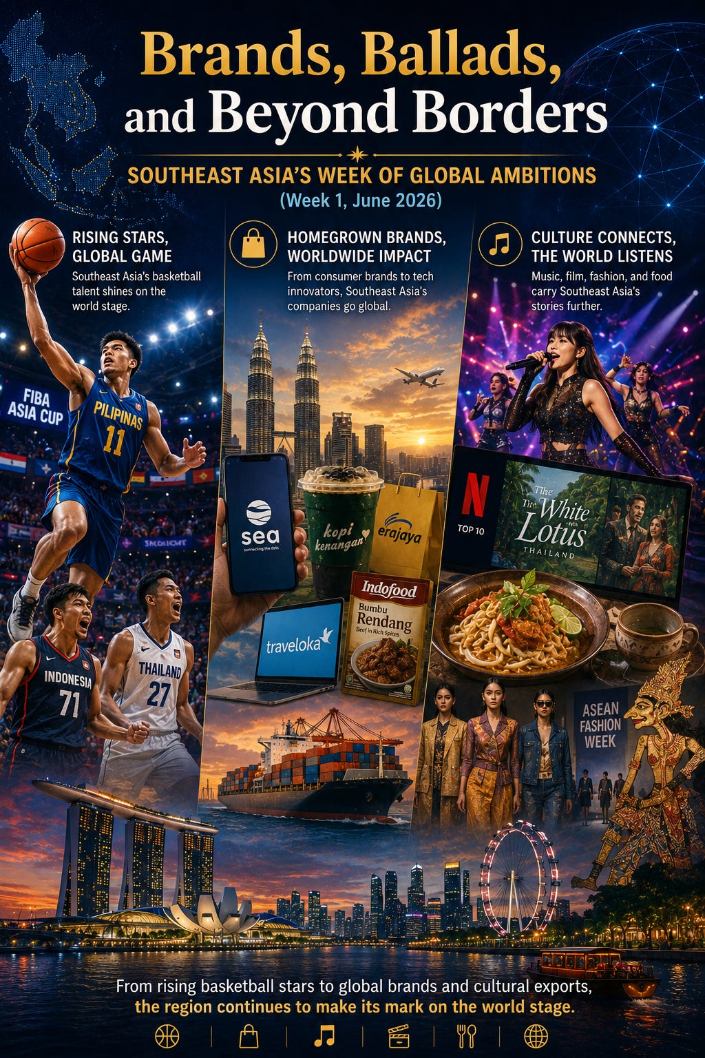 An infographic poster titled "Brands, Ballads, and Beyond Borders: Southeast Asia’s Week of Global Ambitions (Week 1, June 2026)" from The Southeast Asia Desk. The image, 0cc072d5-c1dd-40f0-b64c-4a09cde1ad96_1024x1536.webp, is divided into three thematic columns against a backdrop of a Southeast Asian map outline and cityscapes like the Petronas Towers and Singapore's Marina Bay. Left Column ("Rising Stars, Global Game"): Features basketball players from the Philippines (Pilipinas), Indonesia, and Thailand competing under a "FIBA Asia Cup" banner. Center Column ("Homegrown Brands, Worldwide Impact"): Showcases notable regional companies and products, including Indofood Bumbu Rendang, Kopi Kenangan, a Traveloka laptop, a Sea group smartphone, an Erajaya shopping bag, and a large cargo container ship. Right Column ("Culture Connects, The World Listens"): Highlights entertainment, fashion, and cuisine, featuring a female pop singer performing on stage, a Netflix screen showing "The White Lotus Thailand," a bowl of local noodles, fashion models under an "ASEAN Fashion Week" banner, and a traditional Wayang Kulit shadow puppet. The bottom caption reads: "From rising basketball stars to global brands and cultural exports, the region continues to make its mark on the world stage." An infographic poster titled "Brands, Ballads, and Beyond Borders: Southeast Asia’s Week of Global Ambitions (Week 1, June 2026)" from The Southeast Asia Desk. The image, 0cc072d5-c1dd-40f0-b64c-4a09cde1ad96_1024x1536.webp, is divided into three thematic columns against a backdrop of a Southeast Asian map outline and cityscapes like the Petronas Towers and Singapore's Marina Bay. Left Column ("Rising Stars, Global Game"): Features basketball players from the Philippines (Pilipinas), Indonesia, and Thailand competing under a "FIBA Asia Cup" banner. Center Column ("Homegrown Brands, Worldwide Impact"): Showcases notable regional companies and products, including Indofood Bumbu Rendang, Kopi Kenangan, a Traveloka laptop, a Sea group smartphone, an Erajaya shopping bag, and a large cargo container ship. Right Column ("Culture Connects, The World Listens"): Highlights entertainment, fashion, and cuisine, featuring a female pop singer performing on stage, a Netflix screen showing "The White Lotus Thailand," a bowl of local noodles, fashion models under an "ASEAN Fashion Week" banner, and a traditional Wayang Kulit shadow puppet. The bottom caption reads: "From rising basketball stars to global brands and cultural exports, the region continues to make its mark on the world stage."