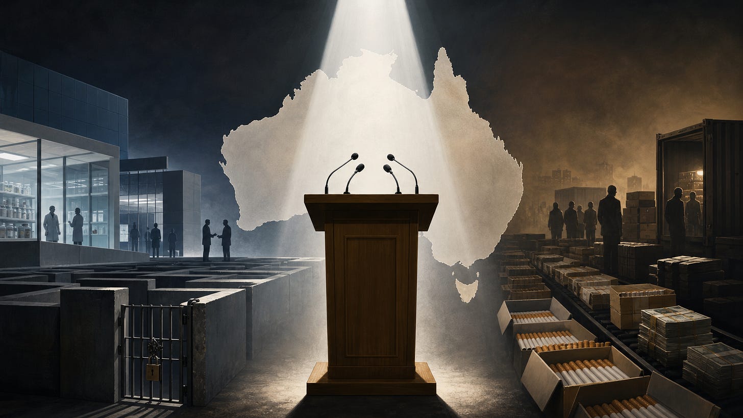 Editorial illustration about Australia’s illicit tobacco policy debate