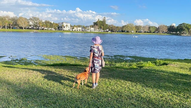 Woman walking dog by a lake