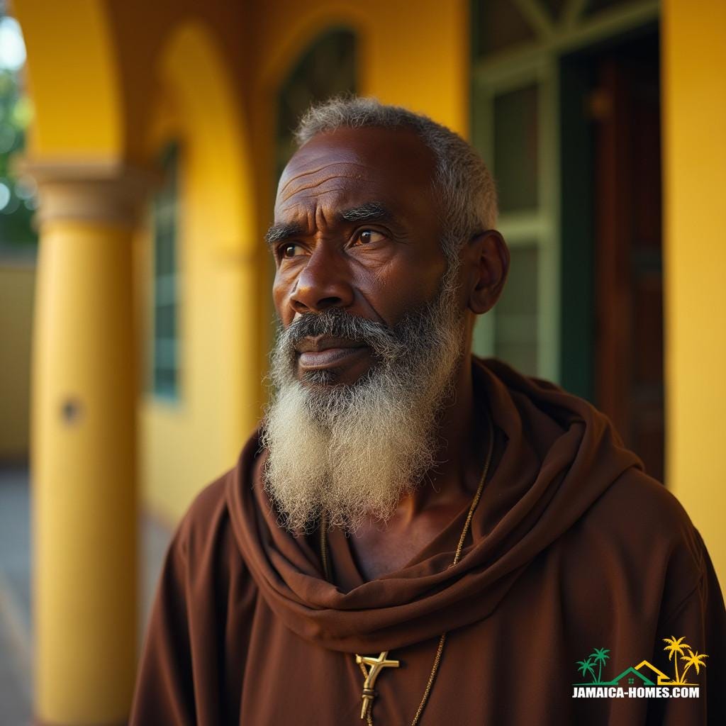 A Christian priest in Jamaica, clad in worn, earth-toned robes, his face a map of wisdom and compassion, set against the vibrant, sun-kissed backdrop of a Jamaican church.