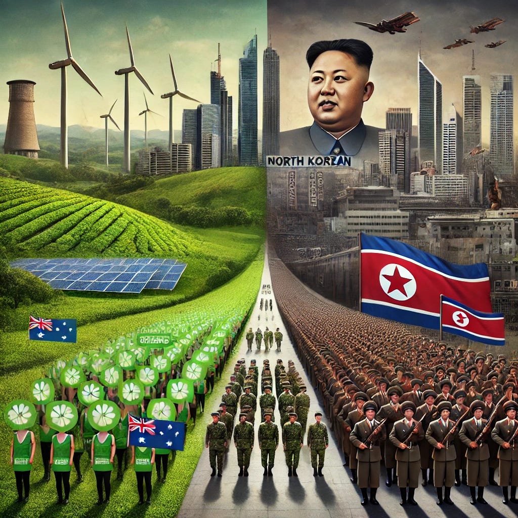 A surreal digital painting juxtaposing Australian Greens' environmental themes with North Korean dictatorship imagery. On one side, lush green landscapes with wind turbines, solar panels, and activists holding banners advocating for climate action. On the other, a stark, oppressive cityscape with rigid military parades, propaganda posters, and authoritarian leaders overlooking the scene. The two sides blend in the middle, symbolizing contrast between democracy and dictatorship.