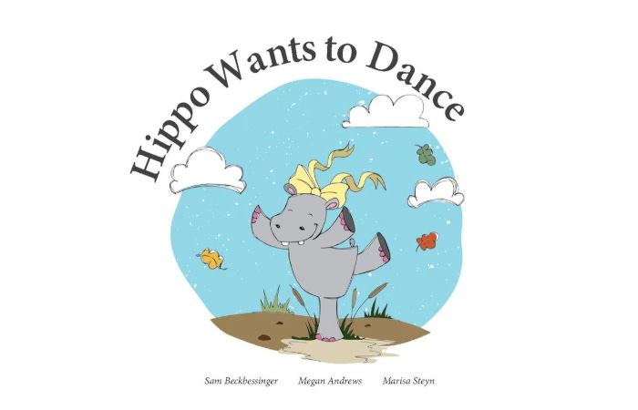 An endearing graphic of a smiling hippo with a bow, dancing. Above is the text "Hippo Wants to Dance".