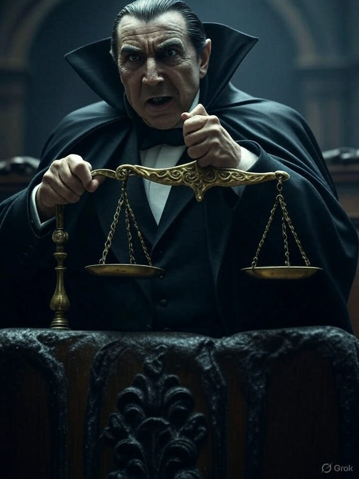 AI-generated image representing moral inversion in vampire literature, with Count Dracula holding the scales of justice (although in Dracula, the vampires are presented as unmistakably evil).