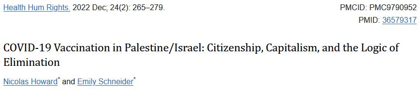 A screenshot of the journal article titled "COVID-19 Vaccination in Palestine/Israel: Citizenship, Capitalism, and the Logic of Elimination, by Nicholas Howard and Emily Schneider. Journal of Health and Human Rights, 2022 Dec, 24(2), pages 265-279.