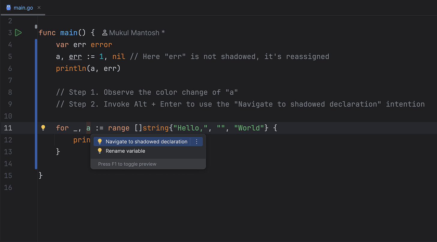 Detect Variable Shadowing While Writing Go Code - JetBrains Guide