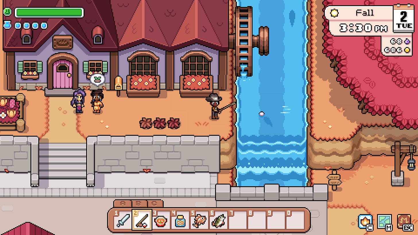 A man fishes in a creek that runs through a village