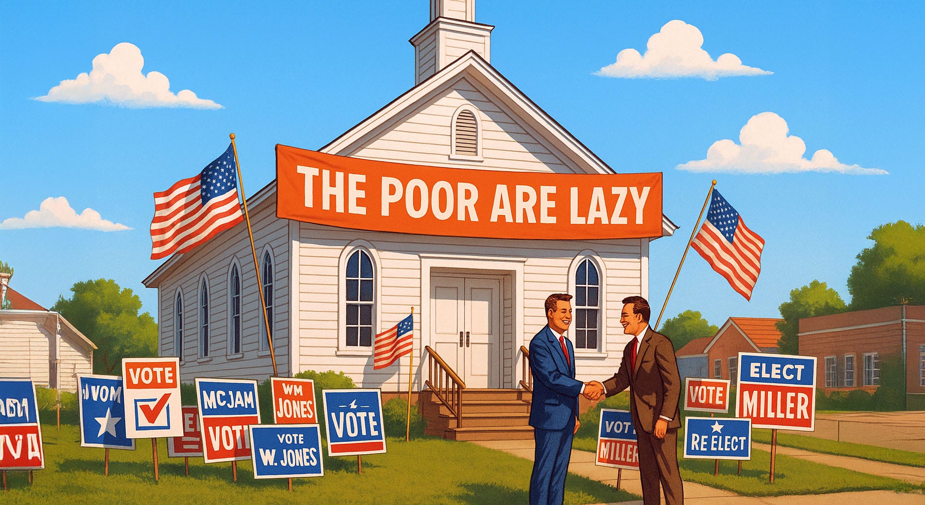 A sunny, cheerful small-town church on a bright blue-sky day, with a huge “The Poor Are Lazy” banner hanging across the front. Outside, campaign posters and American flags clutter the lawn — a smiling politician shaking hands near the church steps. The warmth of the colors contrasts sharply with the message’s hypocrisy, giving it a satirical edge.